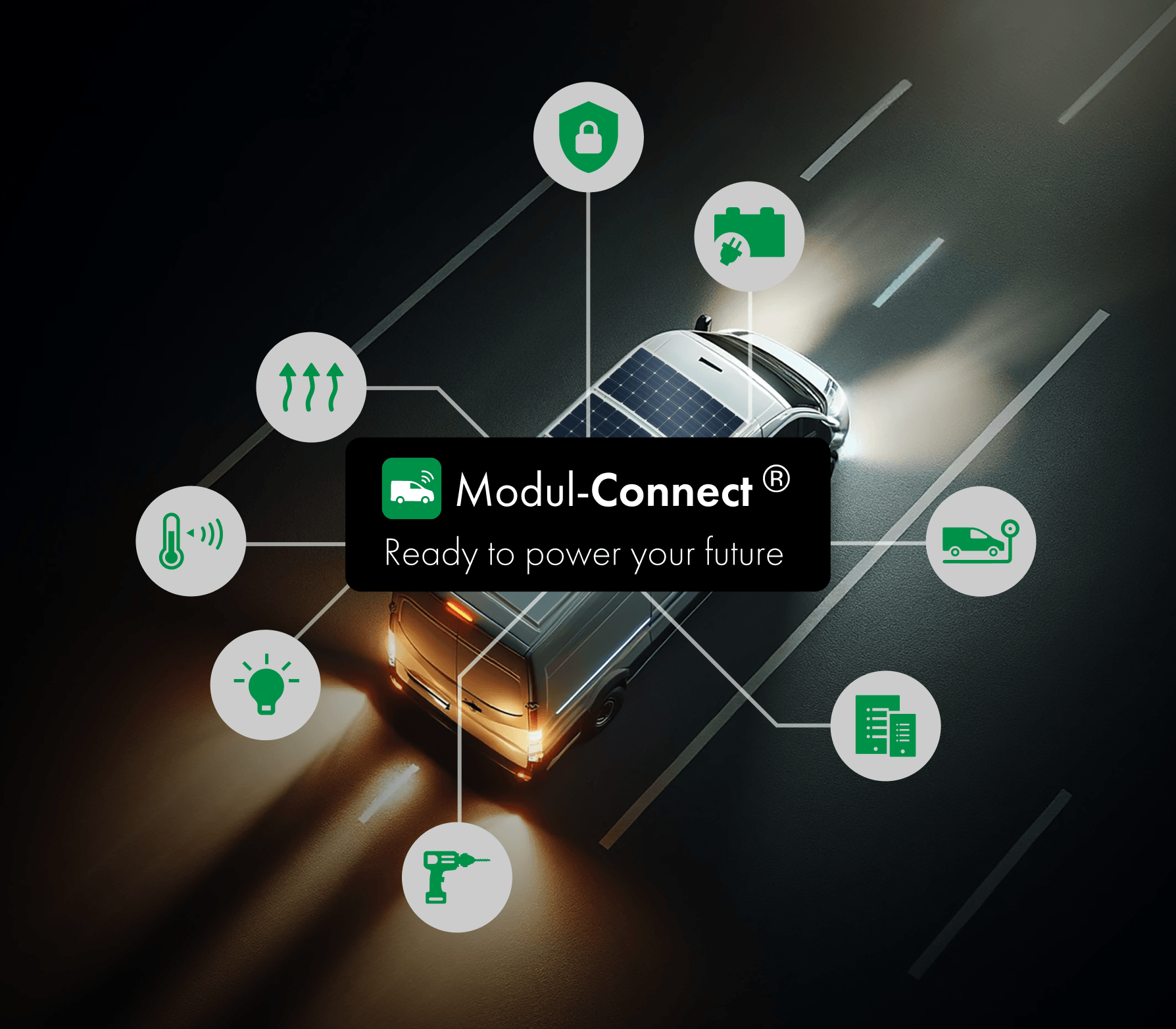 Vehicle with Modul-Connect system illustrating multiple applications, including security, power, weighing, driving journal, asset tracking, lighting control, climate control, and heating.